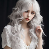 18 Inch Medium Long Snow White Curly Wavy Wigs With Bangs